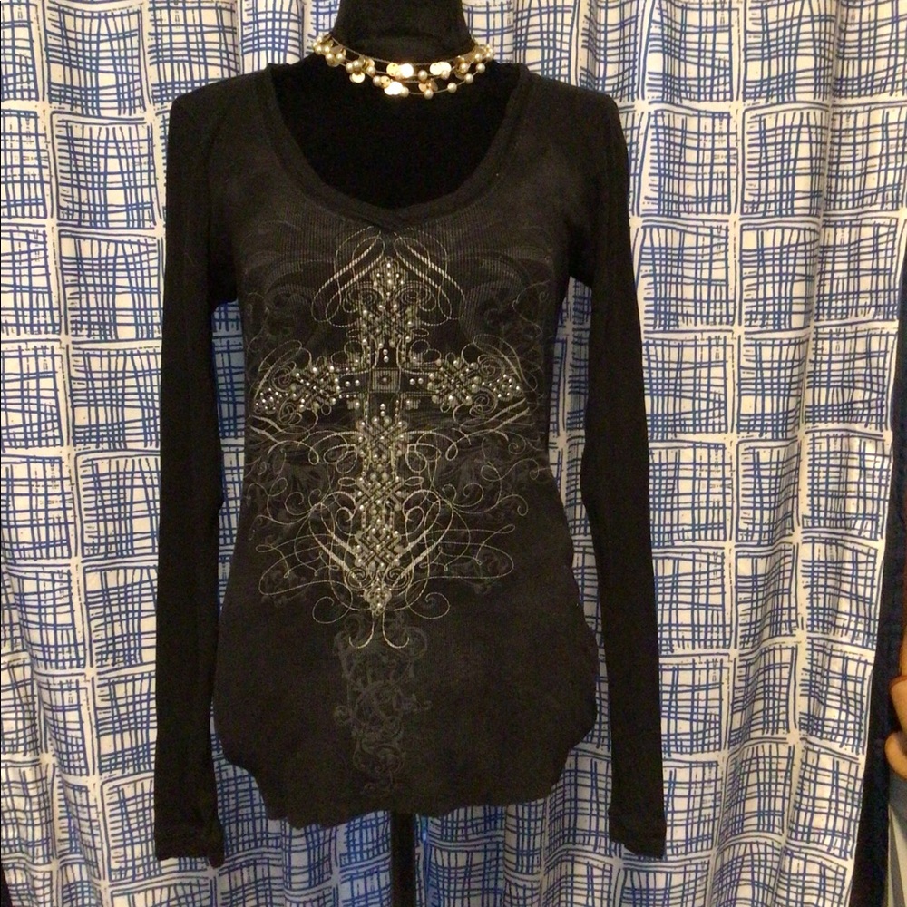 Maurices Black V-Neck, Ribbed, Long Sleeve Tee, M